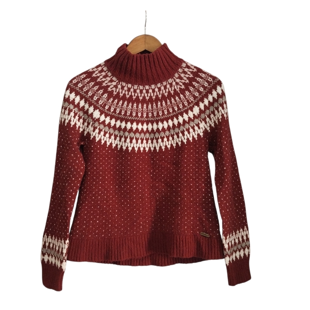 Eddie Bauer Fair Isle Small Burgundy Red Wool Mohair Blend Pullover Knit Sweater